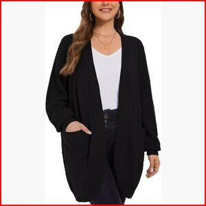 Plus Size Long Cardigan with Pockets, Waffle Ribbed Sleeves, Open Front Sweater